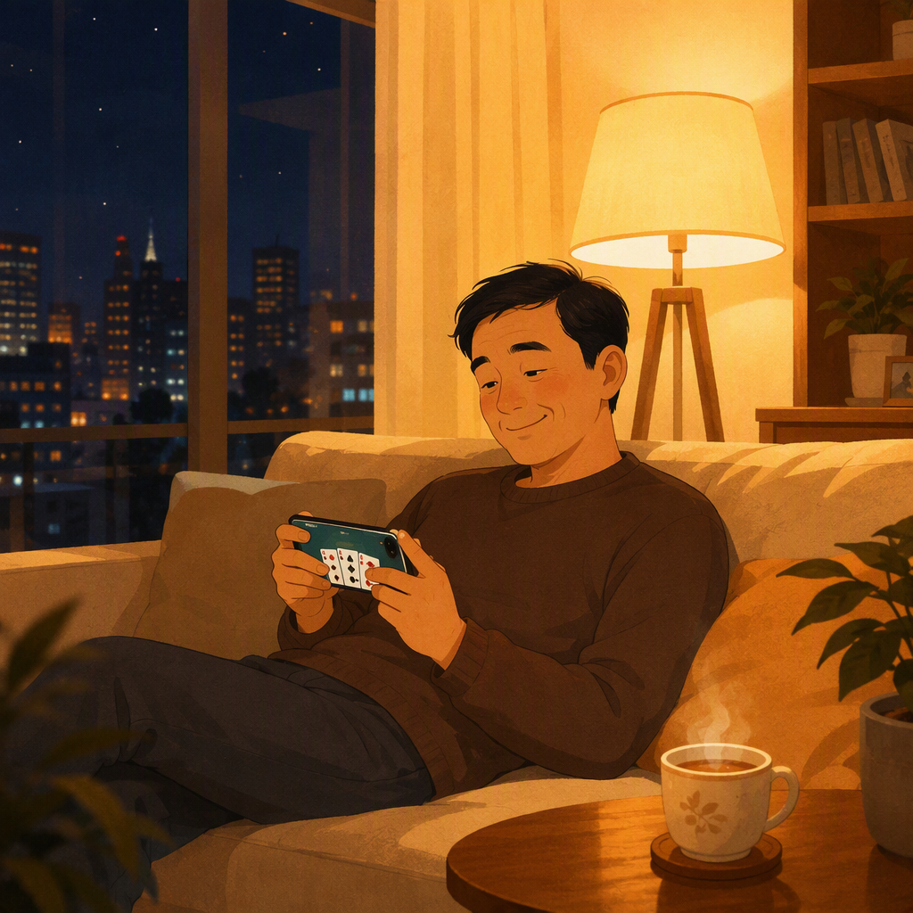 爸爸下班后靠在沙发上打牌